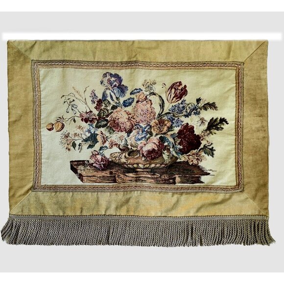 Vintage Tapestry Wall Hanging Gold Velvet Border Tassel Trim Rod Pocket - Picture 2 of 10